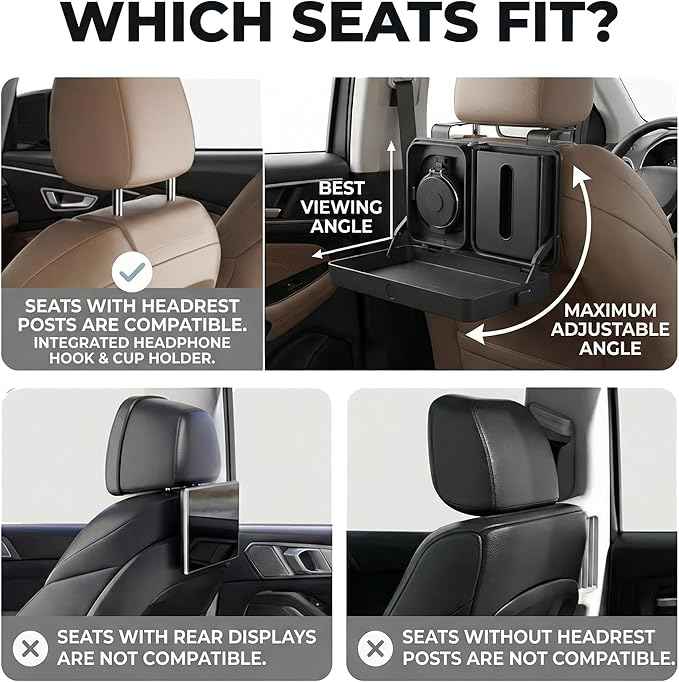 Car Back Seat Tray Table - Foldable & Adjustable Travel Desk for Eating, Working, Gaming | Sturdy Plastic Snack Lap Tray for Adults | Fits SUV, Sedan, Minivan (Folding Storage Box)