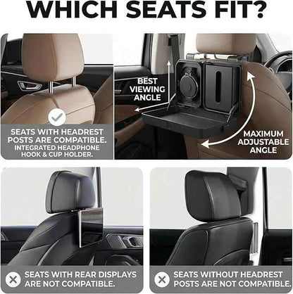 Car Back Seat Tray Table - Foldable & Adjustable Travel Desk for Eating, Working, Gaming | Sturdy Plastic Snack Lap Tray for Adults | Fits SUV, Sedan, Minivan (Folding Storage Box)