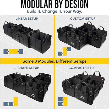 XL Modular Trunk Organizer System – 4 Section Extra Large Car Cargo Organizer for SUVs, Trucks & Cars – Foldable Multi-Compartment Storage, Heavy Duty 1680D Oxford – Black