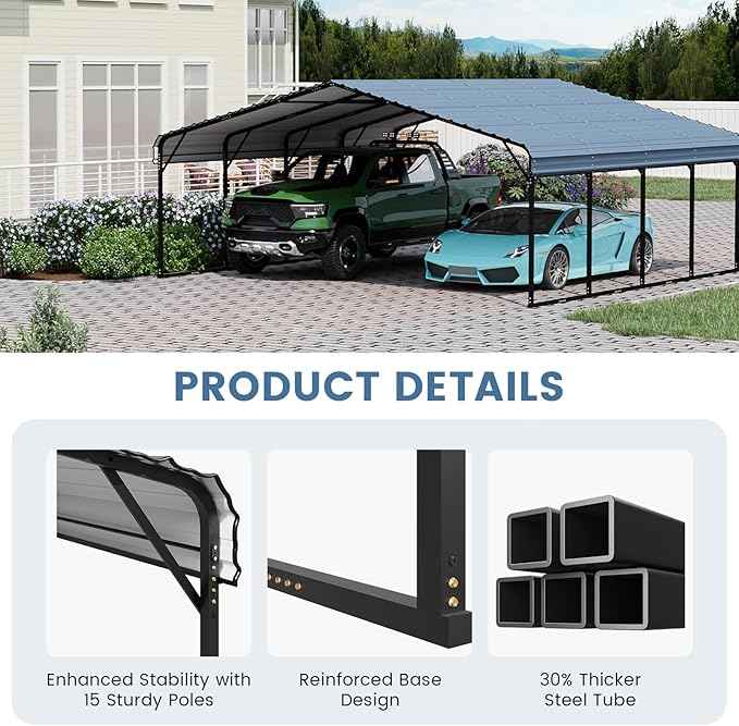 EROMMY 20‘x20’ Stable Metal Carport, All-Weather Heavy-Duty Carports with Strong Base, Sturdy Car Shed with Galvanized Steel Roof and Frame, Easy Assembly Car Port for 2 Cars, Tractors, Boat, Gray