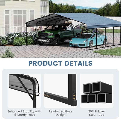 EROMMY 20‘x20’ Stable Metal Carport, All-Weather Heavy-Duty Carports with Strong Base, Sturdy Car Shed with Galvanized Steel Roof and Frame, Easy Assembly Car Port for 2 Cars, Tractors, Boat, Gray