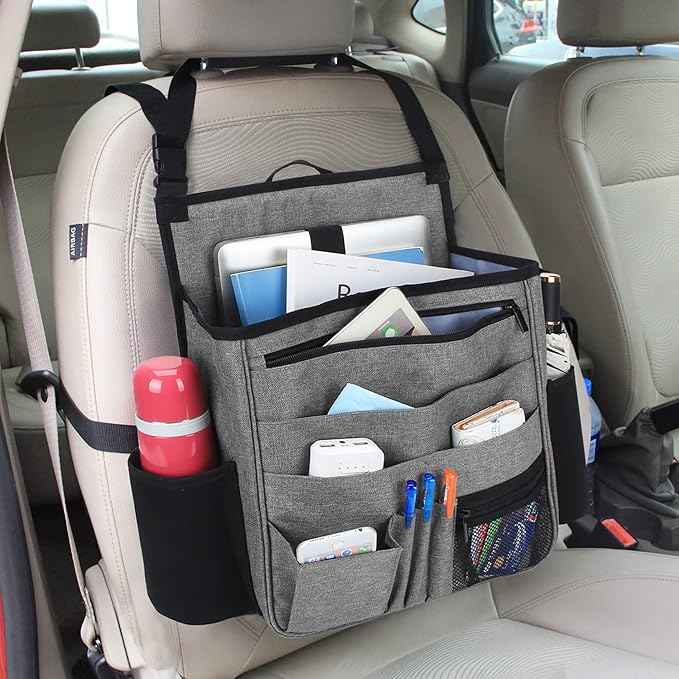 LUXJA Car Front Seat Organizer with Laptop and Tablet Storage Pockets, Car Seat Organizer with Back Adjustable Straps, Gray