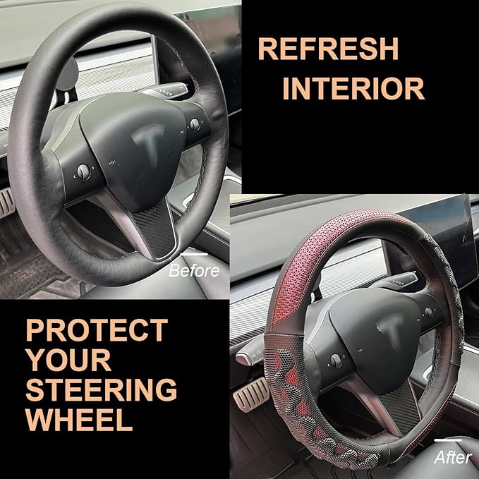 PINCTROT Great Grip Steering Wheel Cover for Tesla Model Y/3 2016-2025 2026 Highland/Juniper, D Shaped 14 Inch Small Sized, Flat Bottom with 3D Honeycomb Anti-Slip Design (Great Grip Wine Red)