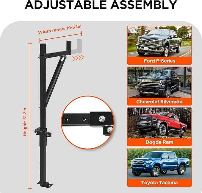 Rockland Extendable Truck Ladder Rack, 39" x 7" x 51.2", 250 LBS Capacity, Steel Truck Rack with Adjustable arm from 19" - 32", Ladder Rack for Truck