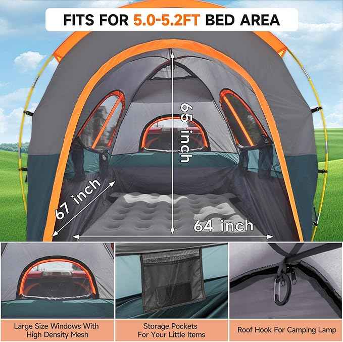Truck Bed Tent 5.0' ~ 5.2': Easy Set Up Umburato Pickup Truck Tents for Camping, Waterproof PU3000mm Canopy for Truck Camper, Portable, Spacious for 2 Person