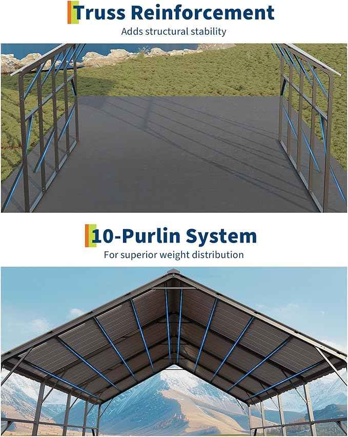 Garvee 20x20 ft Metal Carport Kit, 120° Steep-Pitch Vertical Roof for Snow Shedding, 173" High-Clearance RV & Tractor Shelter, Heavy-Duty 2 Cars Car Port with Reinforced Frame