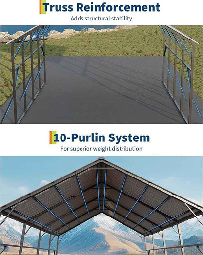 Garvee 20x20 ft Metal Carport Kit, 120° Steep-Pitch Vertical Roof for Snow Shedding, 173" High-Clearance RV & Tractor Shelter, Heavy-Duty 2 Cars Car Port with Reinforced Frame