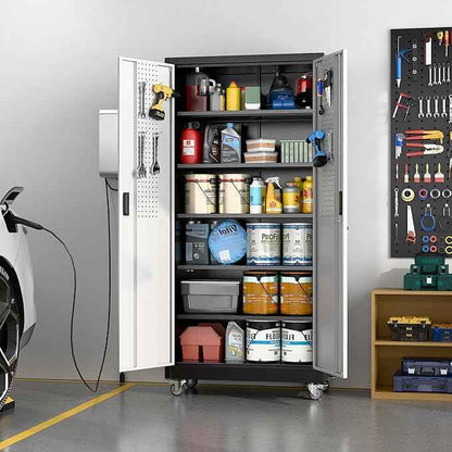 Aobabo Upgraded Garage Storage Cabinets with Wheels,Metal Storage Cabinets with 5 Adjustable Shelves for Garage Home Office Storage, Black&Silver,71''H*32''W*16''D,Assembly Required