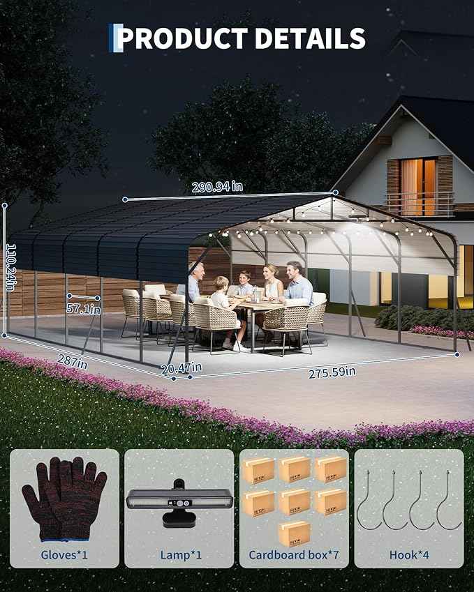 20x25FT Heavy Duty Metal Carport,Outdoor Portable Car Garage w/Led Light,Removable PE SideReinforced Base & Galvanized Steel Roof, Outdoor Car Port Canopy Shelter for Boats, Full-Sized Pickup Trucks
