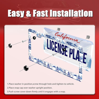 Blue White Porcelain Pattern License Plate Frame Chinoiserie License Plate Frames Funny for Car Decorative Parts Stainless Stee License Plate for Standard Us Canada 12x6 Inch