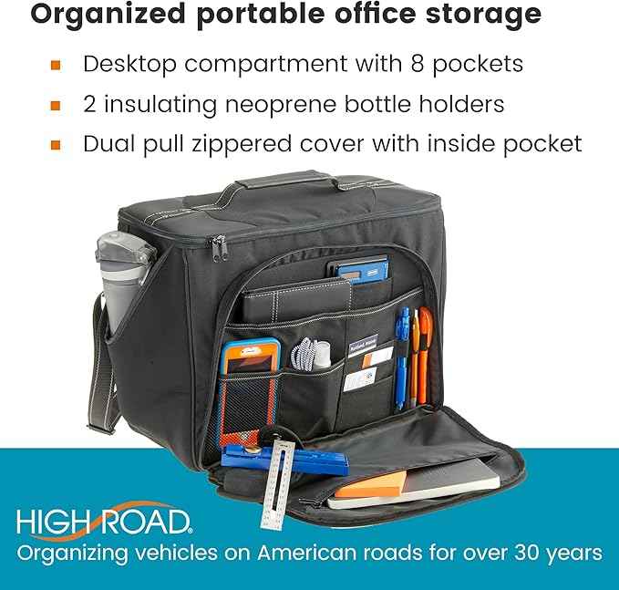 High Road Car Office Organizer - Front Seat Organizer with Desk Supplies Compartment, Laptop Sleeve, 2 Bottle Holders, Storage Cover and Padded Shoulder Strap for Cars, Trucks and Patrol Vehicles