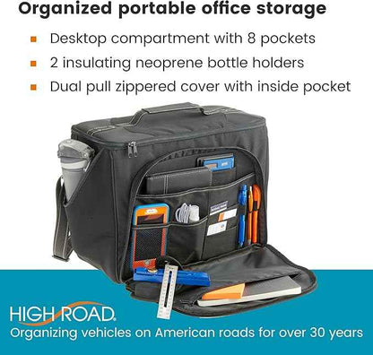 High Road Car Office Organizer - Front Seat Organizer with Desk Supplies Compartment, Laptop Sleeve, 2 Bottle Holders, Storage Cover and Padded Shoulder Strap for Cars, Trucks and Patrol Vehicles