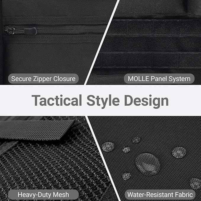 Tactical Car Seat Organizer with Multiple Pockets, MOLLE Panel System & Mesh Compartments, Durable Nylon Universal Vehicle Backseat Storage with Cup Holder, Water-Resistant (Black)