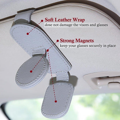 KIWEN 2 Pack Sunglasses Holder for Car Visor, Magnetic Leather Sunglass Eyeglass Hanger Clip for Car Sun Visor Accessories (2, Gray)