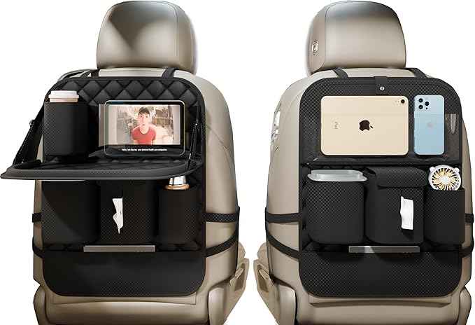 Car Seat Organizers,Multi-functional Back Seat Protectors, Storage Pouches, Child kicking prevention and Tray Holders Kick Mats Back (for Cars, Kids,and Rear Seats) (Black, 2 Pack with Food Tray)