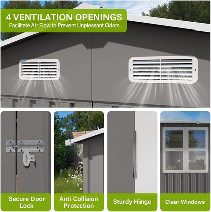 10 x 14 FT Large Outdoor Storage Shed w/ 2 Windows, Heavy Duty Metal Garden Sheds with 3 Lockable Door & Air Vents, Waterproof Tool House for Bicycles, Tools, Backyards, Patios, Lawns, Gray