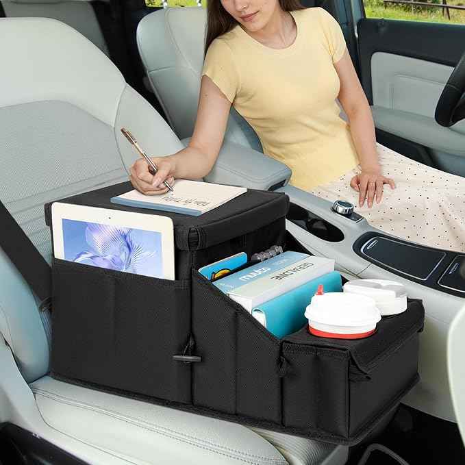 Car Organizer for Front Seat Organizer and Storage, Collapsible Car Caddy, Passenger Seat Organizer with Partitions & Cup Holders, Car Organization for kids and Adults (Black)