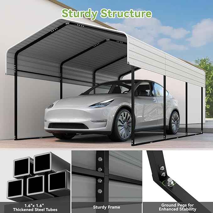 Real Relax 10x15FT Heavy Duty Metal Carport, Outdoor Carport Canopy with Galvanized Steel Roof and Reinforced Base for All-Weather, Garage Shelter Shade for Trucks, Boats, Party, Cream White