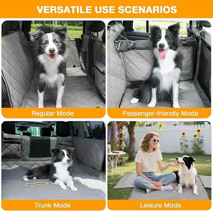 Dog Car Seat Cover, Hard-Bottom Back Seat Extender for Pets, Waterproof Nonslip Hammock for Car, Backseat Dog Bed for Cars SUVs Trucks, Car Seat Protector, Universal Fit 52 x 25 in, Grey