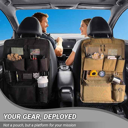 Tactical Car Seat Organizer with Multiple Pockets, MOLLE Panel System & Mesh Compartments, Durable Nylon Universal Vehicle Seat Back Storage with Cup Holder, Water-Resistant (Mud)
