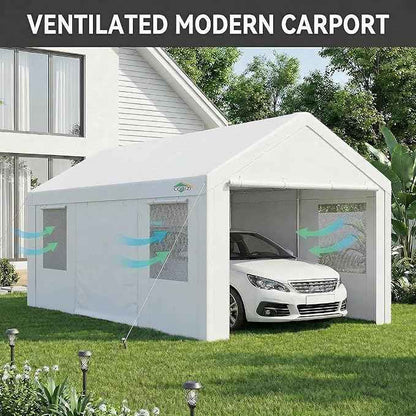 COBIZI 10x20 FT Heavy Duty Carport with Galvanized Frame, Carport Canopy with Roll-up Windows, Storage Tent with Removable Sidewalls & Doors, Built-in Sandbags for Car Boat Truck, White
