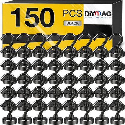 DIYMAG Magnetic Hooks, 30Lbs Strong Heavy Duty Cruise Magnet S-Hooks for Classroom, Fridge, Hanging, Cabins, Grill, Kitchen, Garage, Workplace and Office Etc, (150 Pack-Black),Screw in Hook