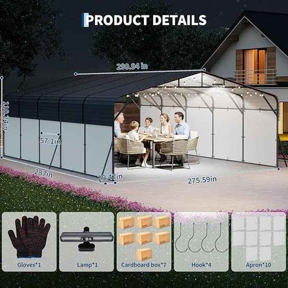 20x25FT Metal Carport w/Led Light,Outdoor Portable Car Garage,Removable PE Sidewalls,Reinforced Base & Galvanized Steel Roof, Outdoor Car Port Canopy Shelter for Boats, Trucks