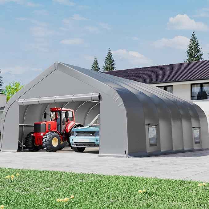 EROMMY 20x30 FT Heavy Duty Durable Carport, Silver Gray, Galvanized Steel Frame Garage Shelter and Outdoor Storage, Waterproof 3-Layer PE Cover, Fits 2 Cars, Boat, Farm Equipment