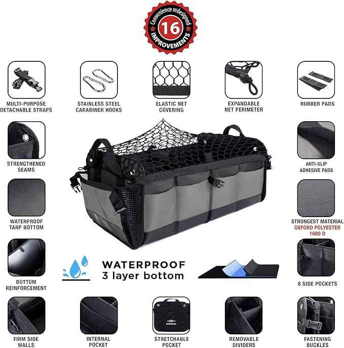 Compact Car Trunk Organizer 2-Section – Grocery, Tools, Cleaning Supplies Storage – Foldable Dual-Compartment Cargo Bin with Cover Net – Gray