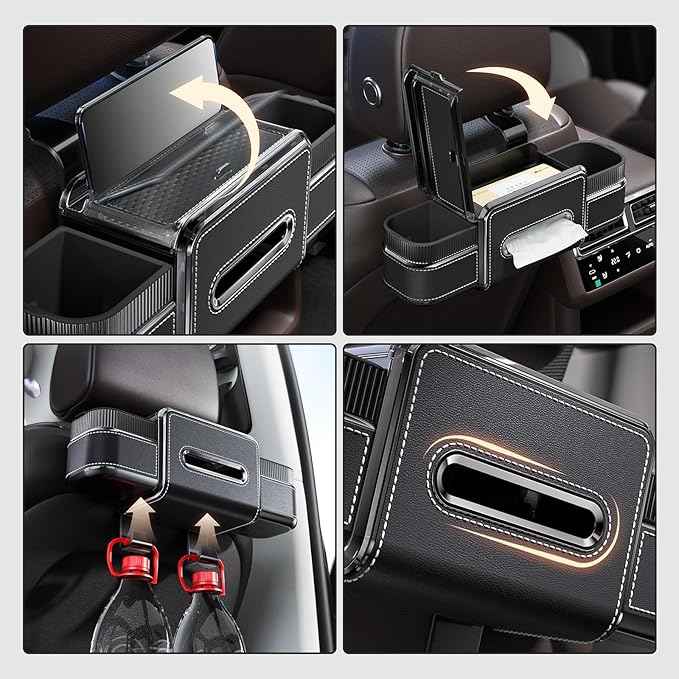Multifunctional Car Seat Back Organizer Box with Drink Cup Holder, Makeup Mirror, Tissue Box& Hooks for Car Seat Back, New Upgrade Car Headrest Backseat Organizer Suitability for Wife, Girlfriend
