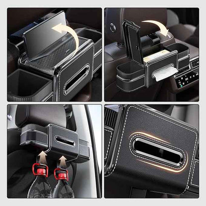 Multifunctional Car Seat Back Organizer Box with Drink Cup Holder, Makeup Mirror, Tissue Box& Hooks for Car Seat Back, New Upgrade Car Headrest Backseat Organizer Suitability for Wife, Girlfriend