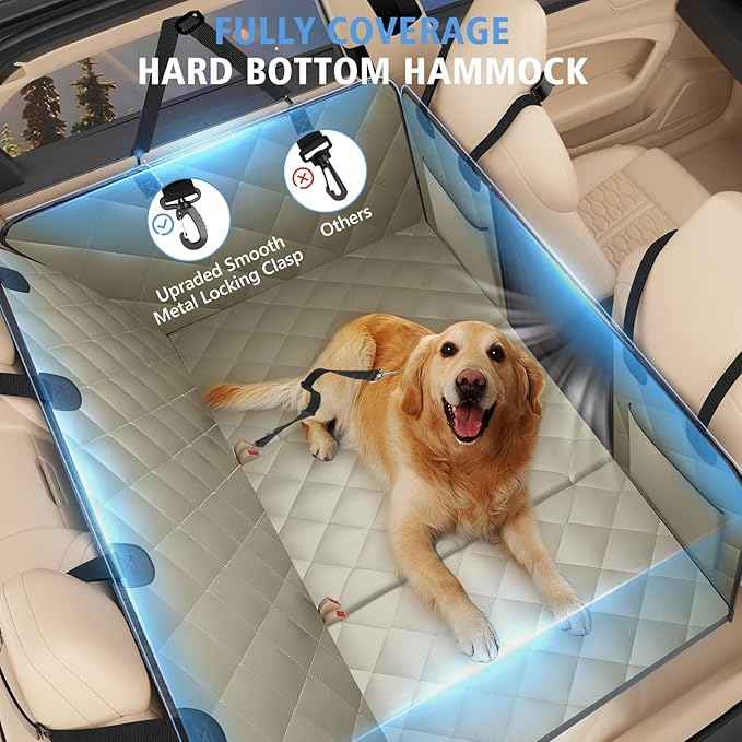 Back Seat Extender for Dogs, Dog Car Seat Cover for Back Seat Supports 420lbs, Hard Bottom Backseat Extender for Dogs, Waterproof Dog Hammock for Car, SUV, Truck Beige