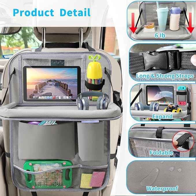 Car Backseat Organizer with Tablet Holder, 6 Storage Pockets Foldable Table Food Tray Seat Back Protectors Kick Mats Travel Accessories, 2 Pack Grey