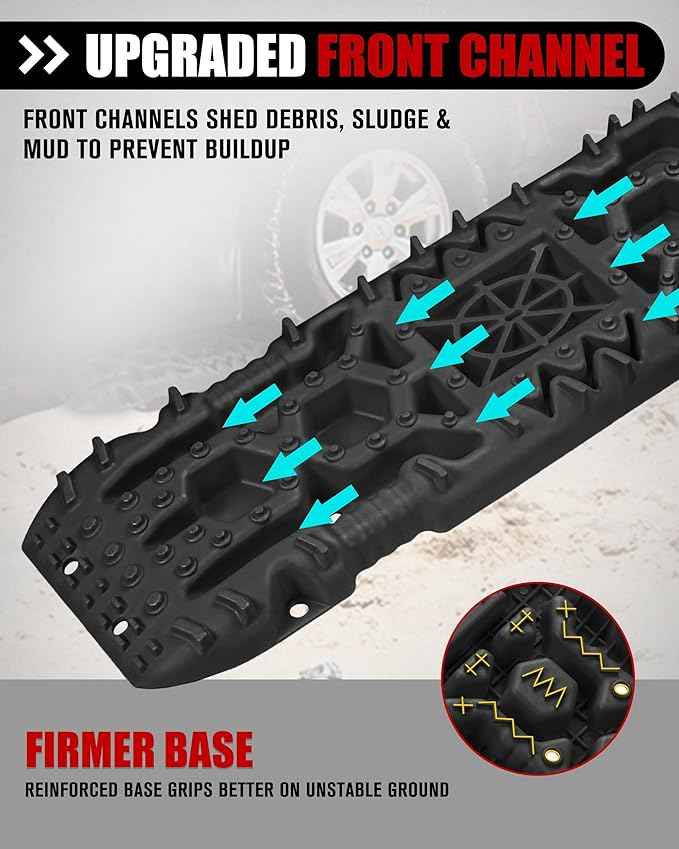 FieryRed Traction Boards Offroad, Recovery Boards with Jack Lift Base, 2Pcs Traction Mat Recovery Tracks for Sand Mud Snow Track Tire Ladder 4X4, Come with 2 Leashes, Black GEN2th