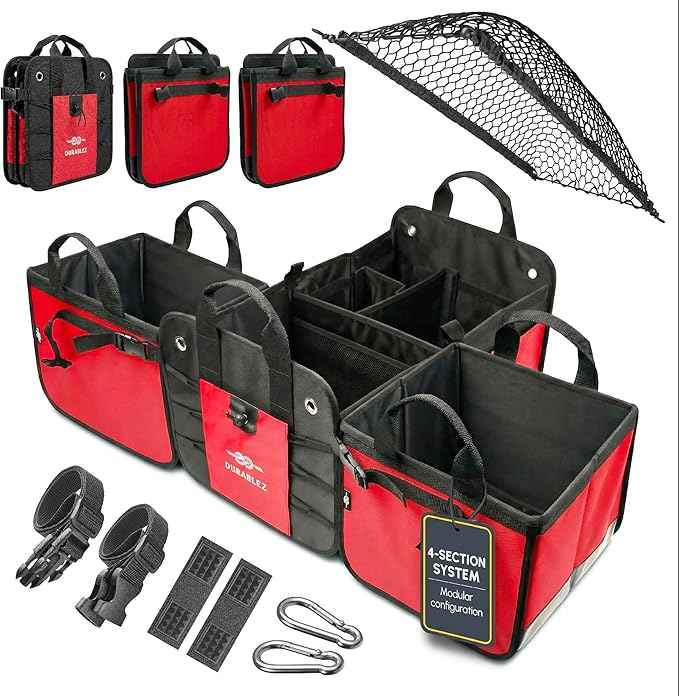 XL Trunk Organizer 4-Section Modular System – Extra Large Car Cargo Storage, Foldable Multi-Compartment Bin for Groceries, Gear & Travel – High-Density Structure – Red