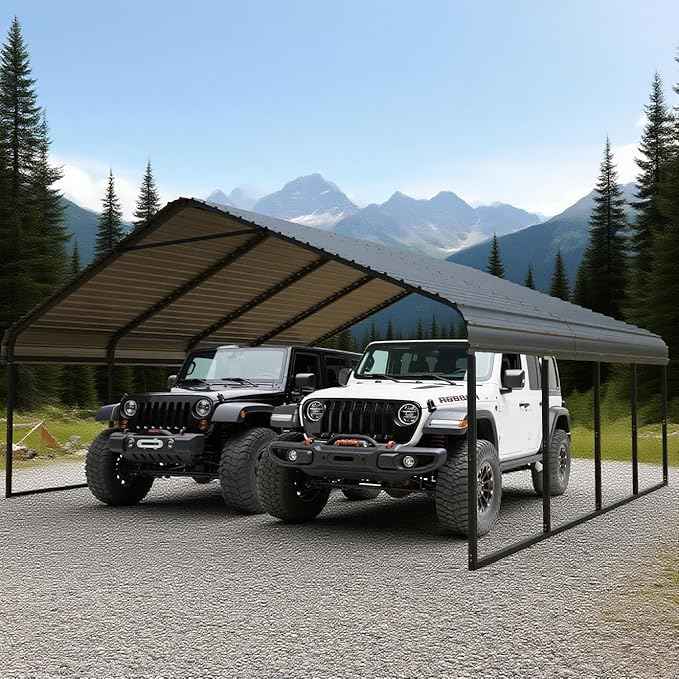 Heavy Duty Extra Large Metal Carport with Vertical Roof Design - All Weather Protection Galvanized Steel Shelter for 2 Car, Dual Vehicle, RV and Boat Storage (20x20 FT)