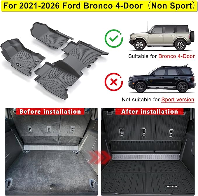 Floor Mats for 2021-2025 2026 Ford Bronco 4-Door (Not for Sport) 5PCS, Cargo Mat Custom TPE All Weather Protection Full Coverage Trunk Liner & Floor Liner car Accessories
