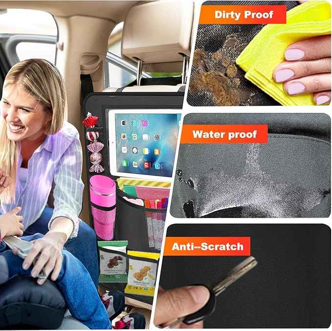 Car Backseat Organizer ，2 Pack Car Organizer Back Seat with 11" Tablet Holder, 10 Storage Pockets Seat Back Protectors Kick Mats for Kids Toddlers, Travel Accessories (Black)