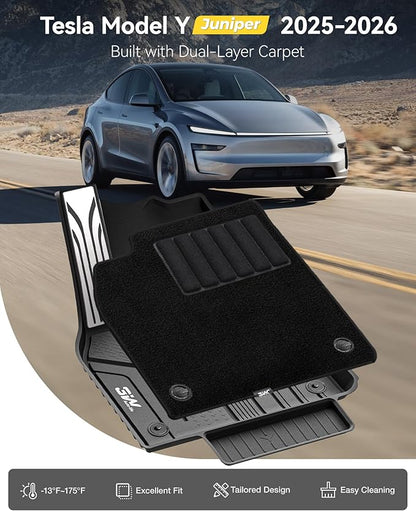 3W Tesla Model Y Juniper Floor Mats with Carpets, Mental Pedal, Double Layer, All Weather TPE Waterproof Custom Fit Automotive Car Floor Liners, Black