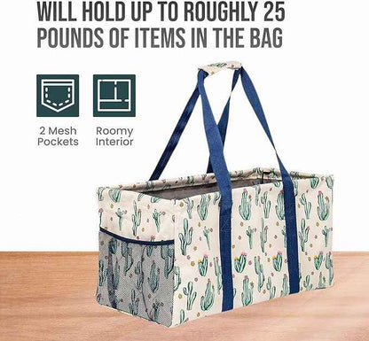 Extra Large Utility Tote Bag, Oversized Collapsible Reusable Wire Frame Rectangular Canvas Basket With Two Exterior Pockets For Beach, Pool, Laundry, Car Trunk, Storage - Cactus White