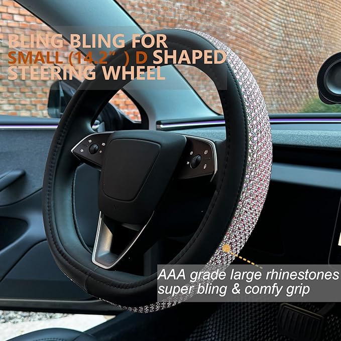PINCTROT Bling Comfy Steering Wheel Cover for Tesla Model Y/3 Highland/Juniper, D Shaped 14 Inch Small Sized with Jumbo Crystal Rhinestones, Flat Bottom with Anti-Slip Diamond Leather (Pink)