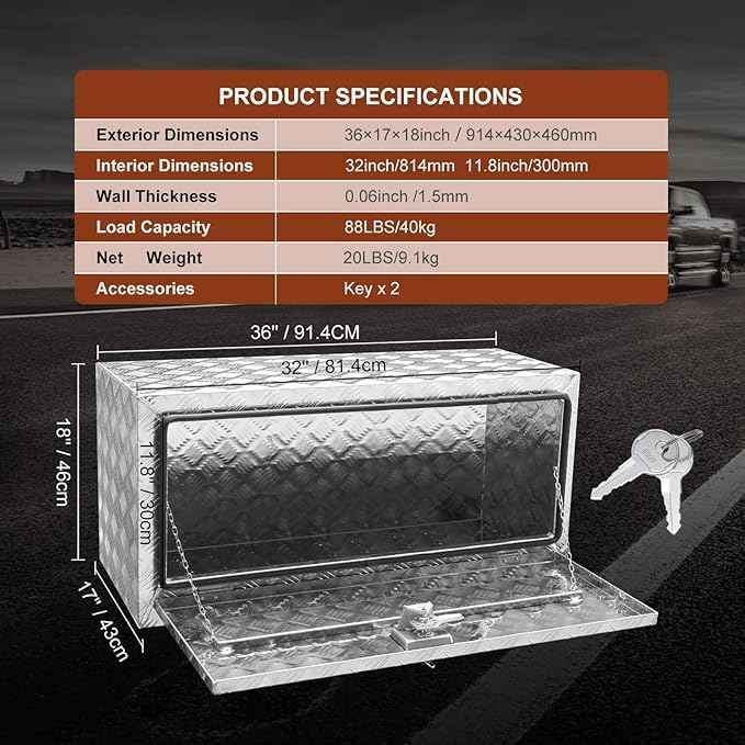 VEVOR Underbody Truck Box, 36"×17"×18" Pickup Storage Box, Heavy Duty Aluminum Diamond Plate Tool Box with Lock and Keys, Waterproof Trailer Storage Box with T-Handle Latch for Truck, Van, Trailer