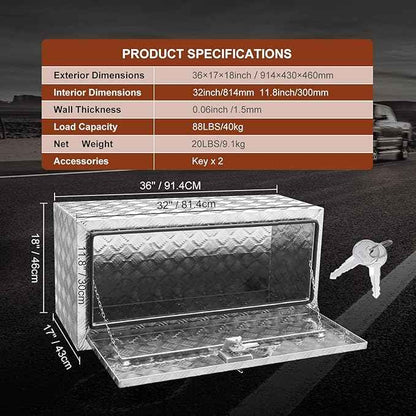 VEVOR Underbody Truck Box, 36"×17"×18" Pickup Storage Box, Heavy Duty Aluminum Diamond Plate Tool Box with Lock and Keys, Waterproof Trailer Storage Box with T-Handle Latch for Truck, Van, Trailer