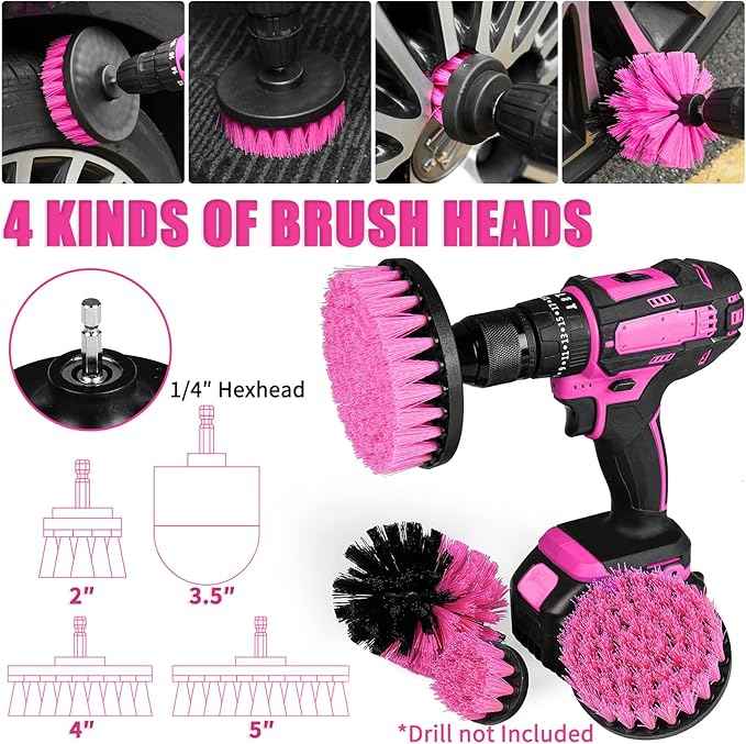 Viewsun 20PCS Car Cleaning Kit, Pink Car Interior Detailing Kit with Drill Brush Set, Windshield Cleaning Tool, Detailing Brushes, Wire Brushes, Cleaning Gel, Complete Cleaning Supplies for Women