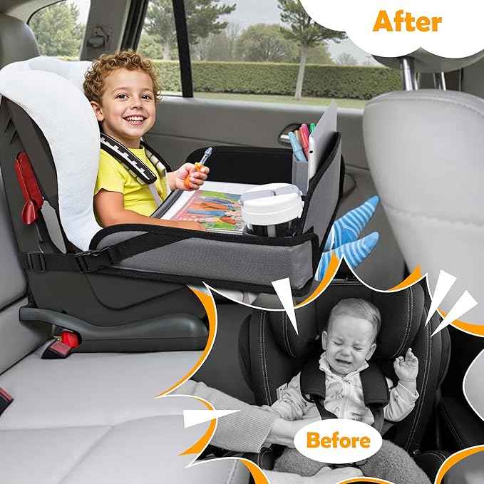 Kids Travel Tray for Toddler Carseat, Road Trip Activities Essentials for Toddler, Kids Lap Desk Tray with Tablet Holder Stand ＆ Dry Erase Board (Grey)