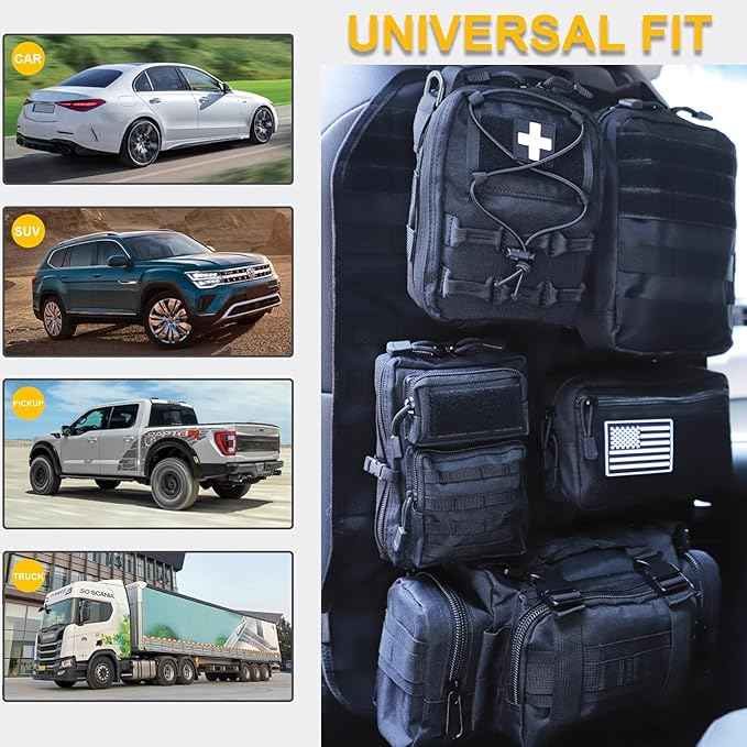 Universal Tactical Car Seat Back Organizer Bag Tactical Molle Vehicle Organizers Panel Vehicle Protector Organizers with 5 Detachable Pouches for Car Truck Ford Jeep (Model B-Black)