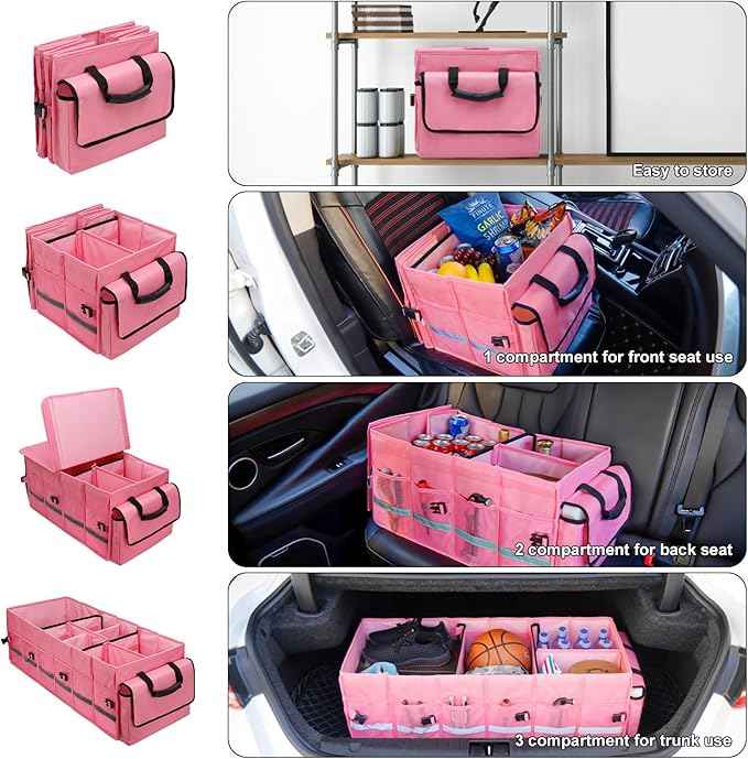 Car Trunk Organizer and Storage with Lid & Removable Leakproof Cooler Bag, Customized Space Pink Car Interior Accessories for Women Collapsible Large Trunk Organizers for Sendan SUV, Jeep, MPV, BMW