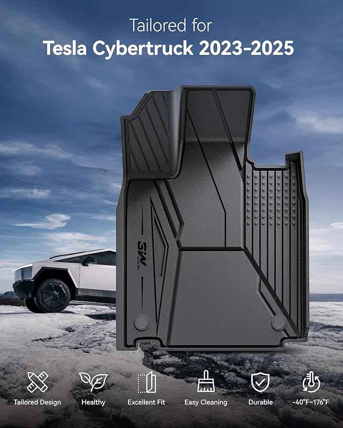 3W Floor Mats for Tesla Cybertruck 2023 2024 2025 2026, TPE All Weather Protection Waterproof Custom Fit Floor Liner for 1st, 2nd Row for Cybertruck, Black