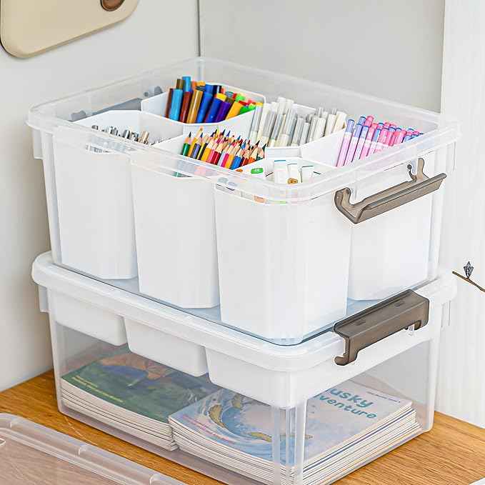Citylife 17 QT Plastic Storage Box with Removable Tray and 6 Detachable Tall Inserts Craft Organizers and Storage Clear Storage Container for Organizing Crayon, Craft, Sewing, Playdoh, 2 Packs