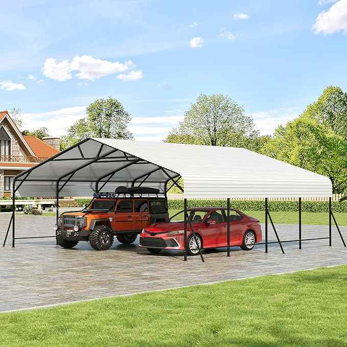20x20x9FT Metal Carport, Oversized Metal Garage with Steel Frame for All Weather, Heavy Duty Carports, for Car, Boats and Tractor